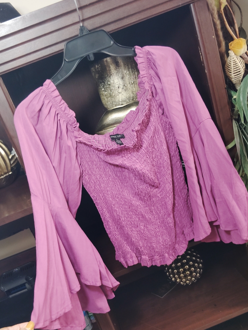 Smocked Purple Peasant Crop Top with Bell Sleeves